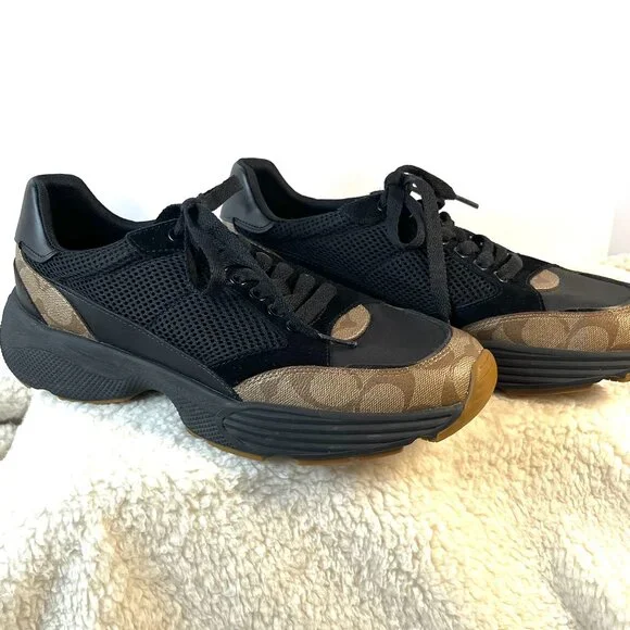 Coach Men's Tech Runner Sneakers FG4591 Size 10D | Signature Black Mesh & Tan - Picture 3 of 16